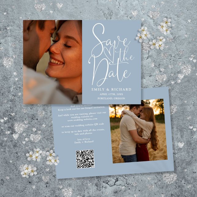 Save The Date Code QR de mariage 2 Dusty Blue Écriture élégante (Créateur téléchargé)