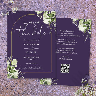 Save The Date Code QR de mariage floral Gold Greenery Violet