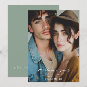 Save The Date Code QR de mariage photo vert sauge minimaliste éc