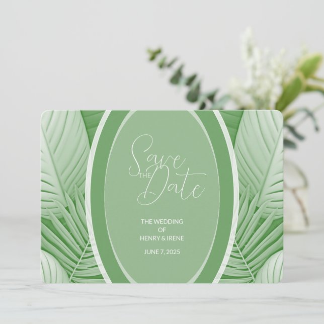 Save The Date Code QR de mariage vert tropical pour photo - Save (Debout devant)