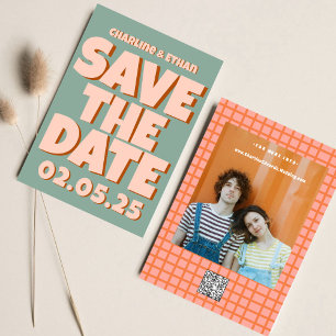 Save The Date Code QR de sauvegarde de date rétro funky bleu ros