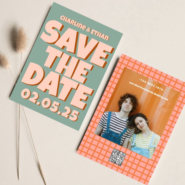 Save The Date code QR de sauvegarde de date rétro funky bleu ros (Créateur téléchargé)