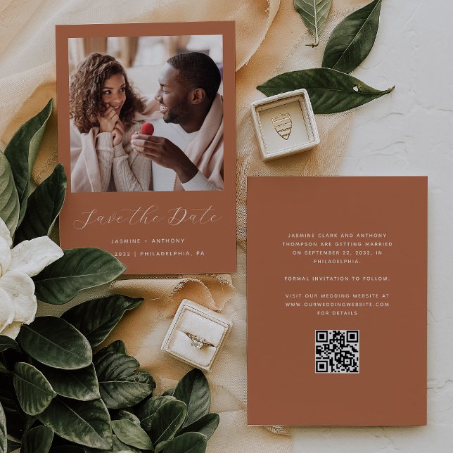 Save The Date Code QR de script minimal d'une photo Terracotta (Créateur téléchargé)