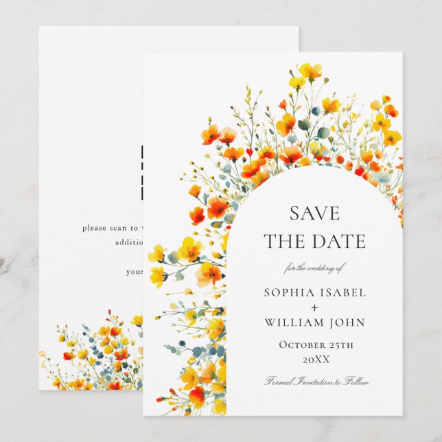 Save The Date Code QR du Mariage du Fleur sauvage de l'aquarelle (Devant / Derrière)