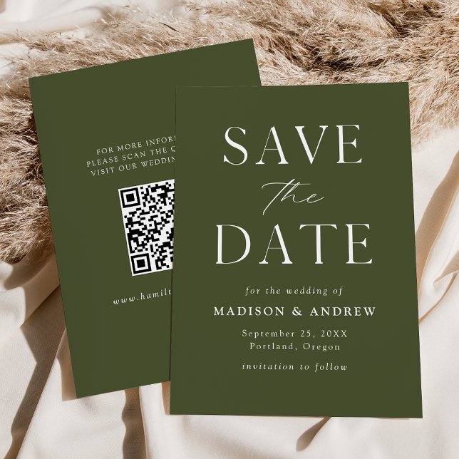 Save The Date Code QR élégant et moderne vert olive (Créateur téléchargé)