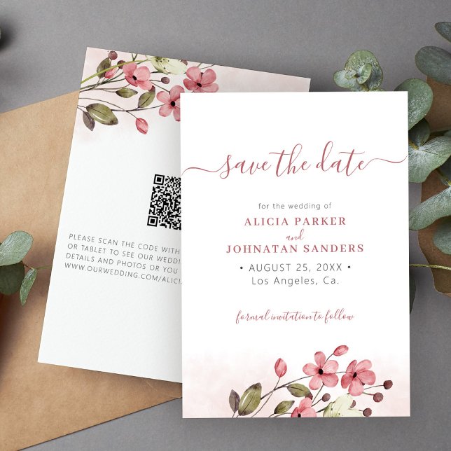 Save The Date Code QR élégant ressort fleur sauvage rose mariage (Créateur téléchargé)