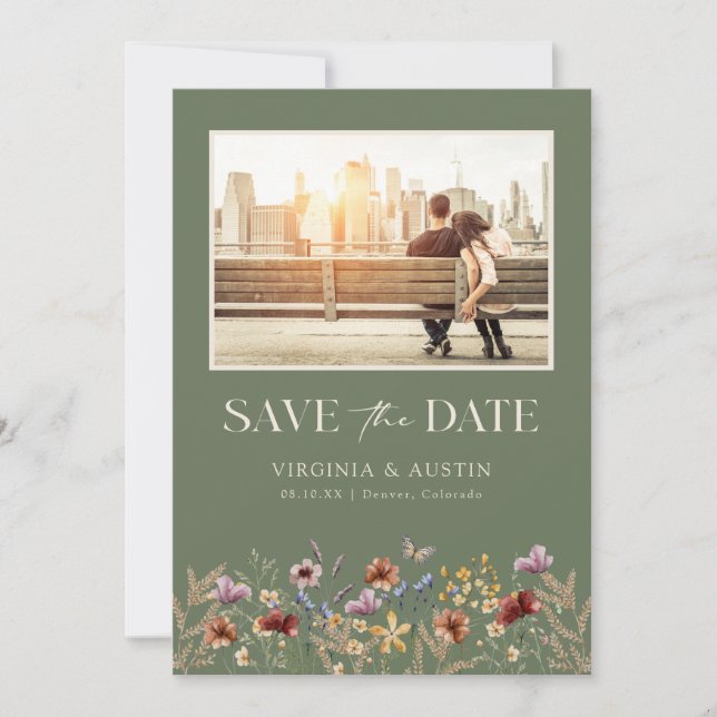Save The Date Code QR Floral Photo Vert Enregistrer La Date (Devant)