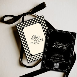 Save The Date Code QR Mariage Argent Ancien Damier Noir & Ivoire