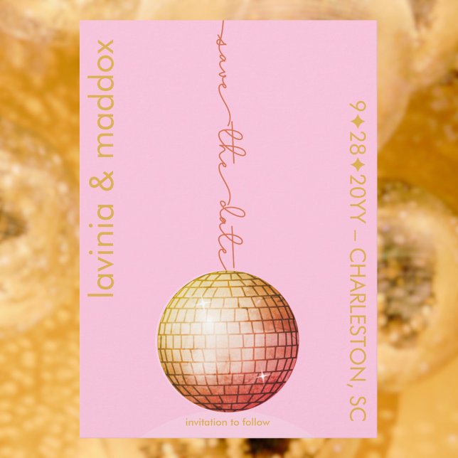 Save The Date Code QR Mariage élégant Disco Ball Pink Gold (Elegant Disco Ball Pink Gold Wedding Save the Date with beautiful typography)