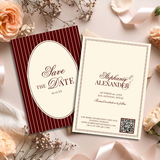 Save The Date Code QR Mariage Vieille Fortune Rayures Bourgogne  (Créateur téléchargé)