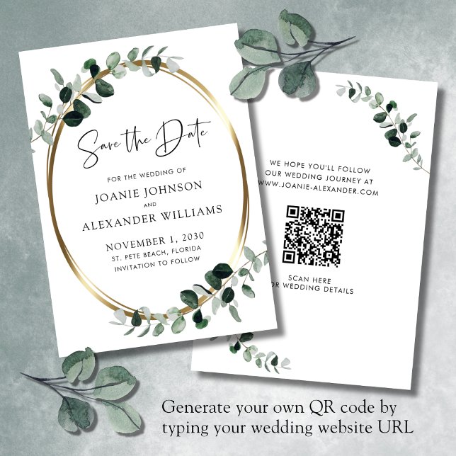 Save The Date Code QR mis à jour Eucalyptus Green Gold (Updated QR Code Wedding Save the Date Eucalyptus Gold Metallic White)