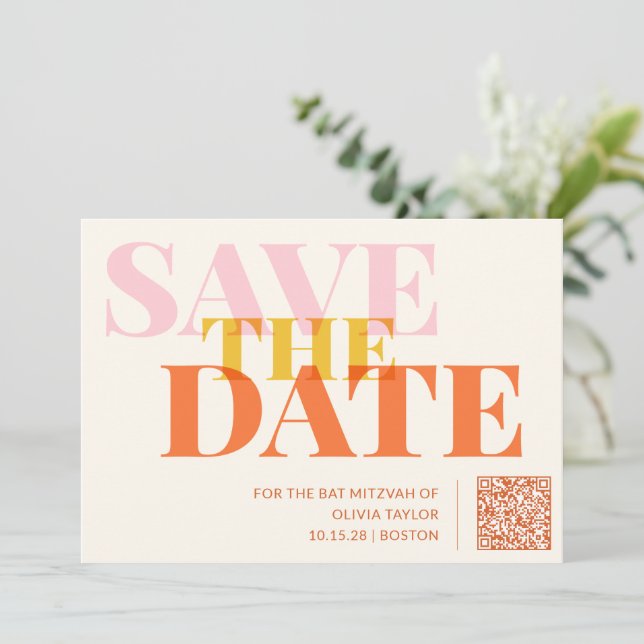 Save The Date Code QR moderne Bat mitzvah rose et orange (Debout devant)