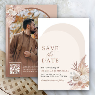 Save The Date Code QR photo d'arche de Pampas florale beige neut