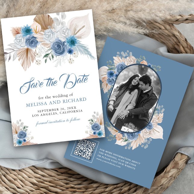 Save The Date Code QR photo de Pampas floral bleu poussiéreux Bo (Créateur téléchargé)
