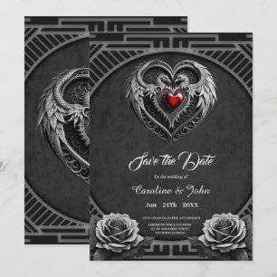 Save The Date Coeur argenté avec ailes.