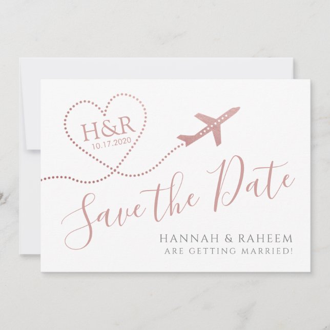 Save The Date Coeur d'avion rose mignon Destination Mariage (Devant)