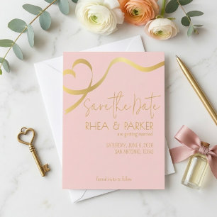 Save The Date Cœur de ruban doré élégant et rose tendre