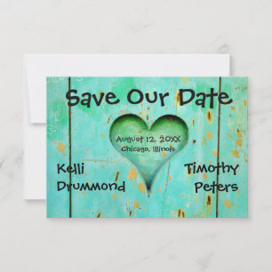 Save The Date Cœur en bois patiné sarcelle-3x5Événement Mariage