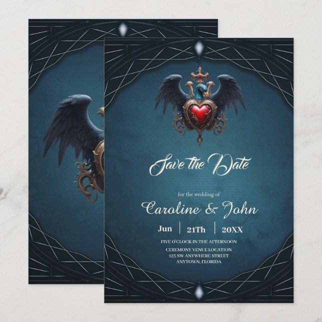 Save The Date Coeur gothique élégant avec oiseau imaginaire. (Devant / Derrière)