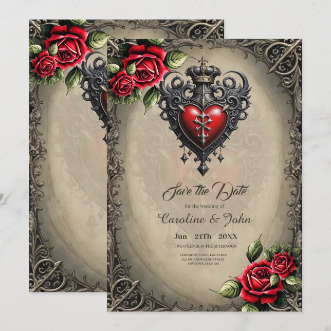 Save The Date Coeur gothique élégant mais mystique (Devant / Derrière)