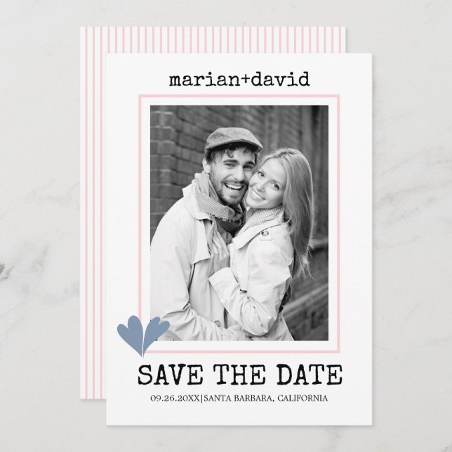 Save The Date Coeurs bleu foncé machine à écrire rose mariage ph (Devant / Derrière)