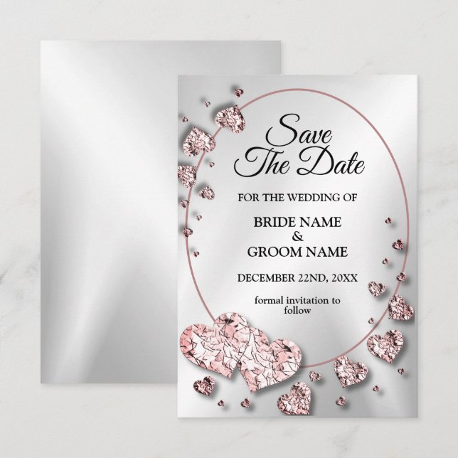 Save The Date Coeurs brillants rose mariage géométrique (Devant / Derrière)
