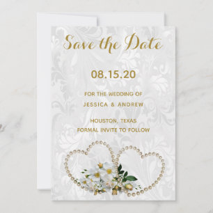 Save The Date Cœurs de perle et damassé de fleurs Mariage Enregi
