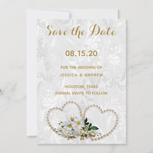 Save The Date Cœurs de perle et fleurs Mariage Damassé Enregistr (Devant)