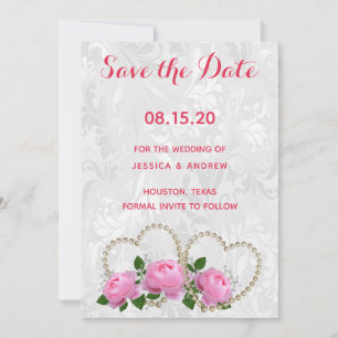 Save The Date Cœurs de perle et roses Mariage Damassé Enregistre