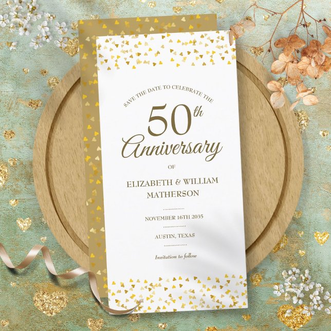 Save The Date Coeurs d'or classiques du 50e anniversaire du Mari (Classic 50th Wedding Anniversary Gold Hearts Save The Date)