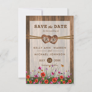 Save The Date Coeurs en bois Monogramme avec Fleur sauvage