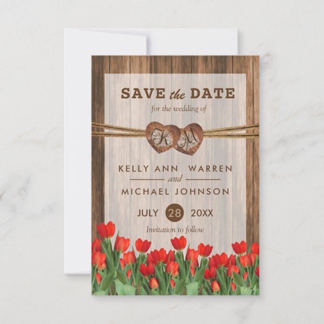Save The Date Coeurs en bois monogramme avec tulipes rouges (Devant)