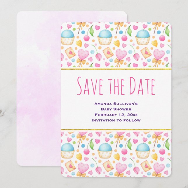 Save The Date Coeurs et amour délicieux Motif d'aquarelle (Devant / Derrière)