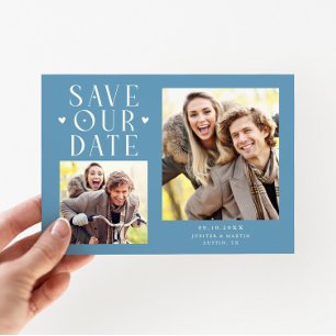 Save The Date Cœurs Mignons 2-Photo Denim Bleu Mariage