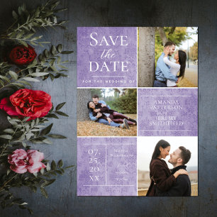 Save The Date Collage de trois photos en damas élégant Violet