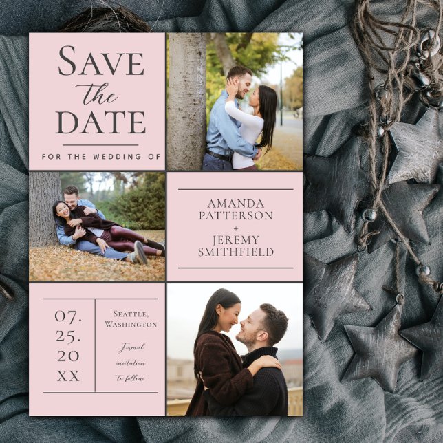 Save The Date Collage de trois photos moderne | Rose Enregistrer (Pink Modern Three Photo Collage Save the Date)