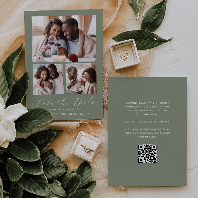 Save The Date Collage minimal de 3 photos QR Code Sage Green (Créateur téléchargé)