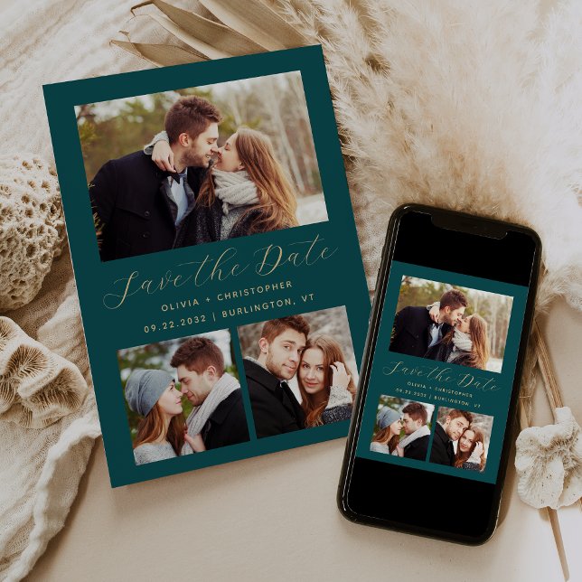 Save The Date Collage minimum de 3 photos Turquoise d'or bleu (Créateur téléchargé)