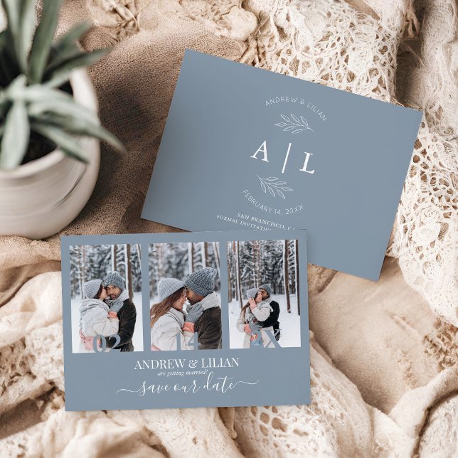 Save The Date Collage photo bleu Dusty moderne Monogram Mariage (Créateur téléchargé)