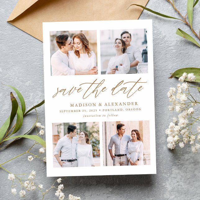Save The Date Collage photo de 4 Elegant Script Gold (Créateur téléchargé)