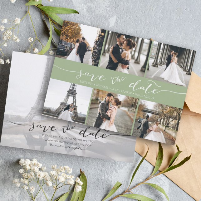 Save The Date Collage photo moderne Enregistrer la date Sage ver (Modern Save the Date card featuring 6 photos and a hand lettered font for a minimalistic design.)