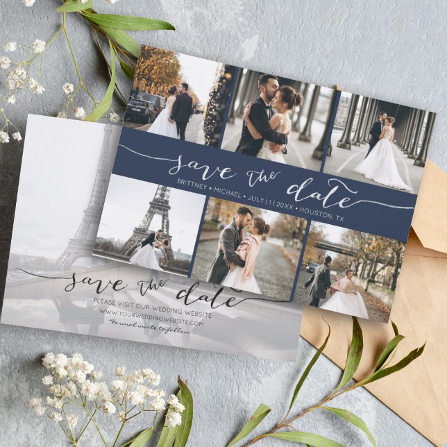 Save The Date Collection photo moderne Enregistrer la date Marin (Modern Save the Date card featuring 6 photos and a hand lettered font for a minimalistic design.)
