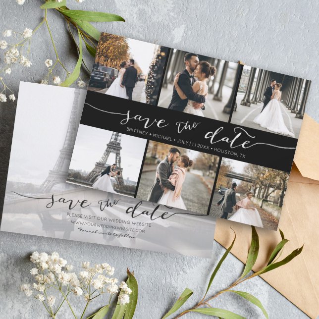 Save The Date Collection photo moderne Enregistrer la date Noir (Modern Save the Date card featuring 6 photos and a hand lettered font for a minimalistic design.)