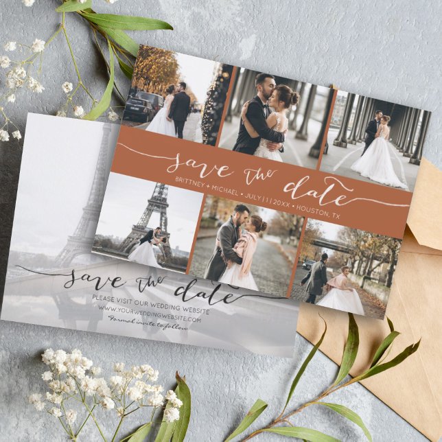Save The Date Collection photo moderne Enregistrer la date Terra (Modern Save the Date card featuring 6 photos and a hand lettered font for a minimalistic design.)