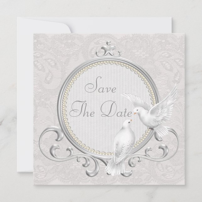 Save The Date Colombes blanches et perles dentelle de Paisley fa (Devant)