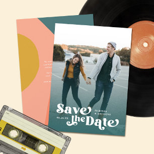 Save The Date Coloré Moderne Rétro Plein Photo Turquoise Overlay