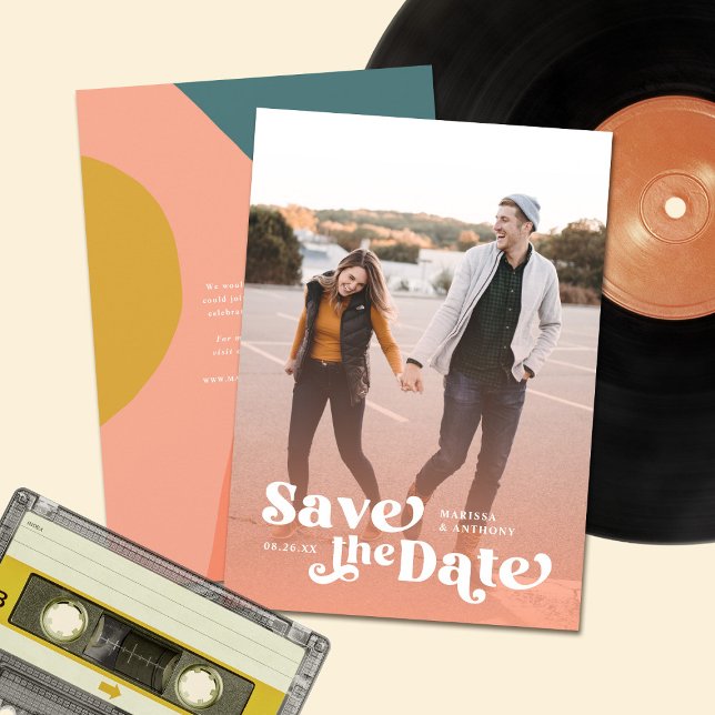 Save The Date Coloré Moderne Rétro Retro Plein Photo Peach Overl (Créateur téléchargé)