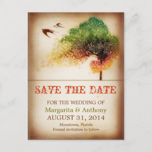 save the date colourful love tree vintage announcement postcard