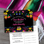 Save the Date Colourful Mexican Fiesta Floral Announcement Postcard<br><div class="desc">Save the Date Postcard which you can customize to suit any occasion. The Mexican fiesta floral design has an abundance of colourful flowers on the front with handwritten brushed typography in pink, on a black background. The template is set up for you to personalize the postcard with your special date,...</div>