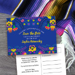 Save the Date Colourful Mexican Fiesta Royal Blue Announcement Postcard<br><div class="desc">Save the Date Postcard which you can customize to suit any occasion. The Mexican fiesta floral design has an abundance of colourful flowers on the front with handwritten brushed typography in yellow, on a royal blue background. The template is set up for you to personalize the postcard with your special...</div>